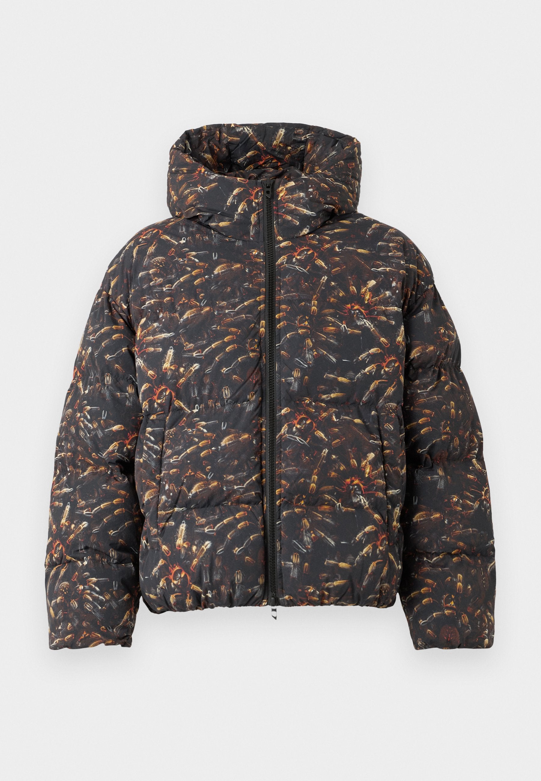 Daunenjacke mit Kapuze, schwarzer Stoff mit einem komplizierten Muster aus bunten Insekten, Reißverschluss und strukturiertem Steppdesign.