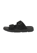 Schwarze Wildleder-Slidesandalen mit zwei verstellbaren Schnallen, flacher Gummisohle und perforiertem Fußbett für Atmungsaktivität.