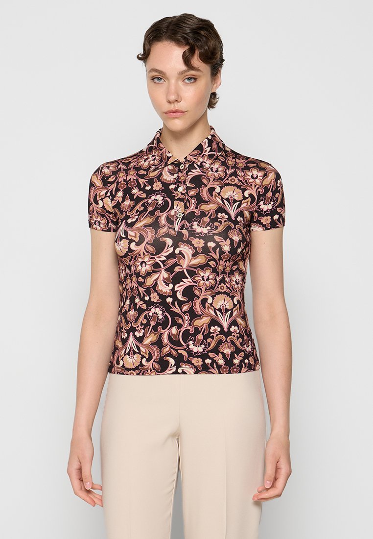 Kurzärmeliges Poloshirt in Schwarz mit einem rosa Blumenmuster, mit einem Kragen und einem slim fit Design.