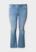 Hellblaue Jeans aus Denim mit hoher Taille, fünf Metallknöpfen, Vordertaschen und leicht ausgestellten Beinen.
