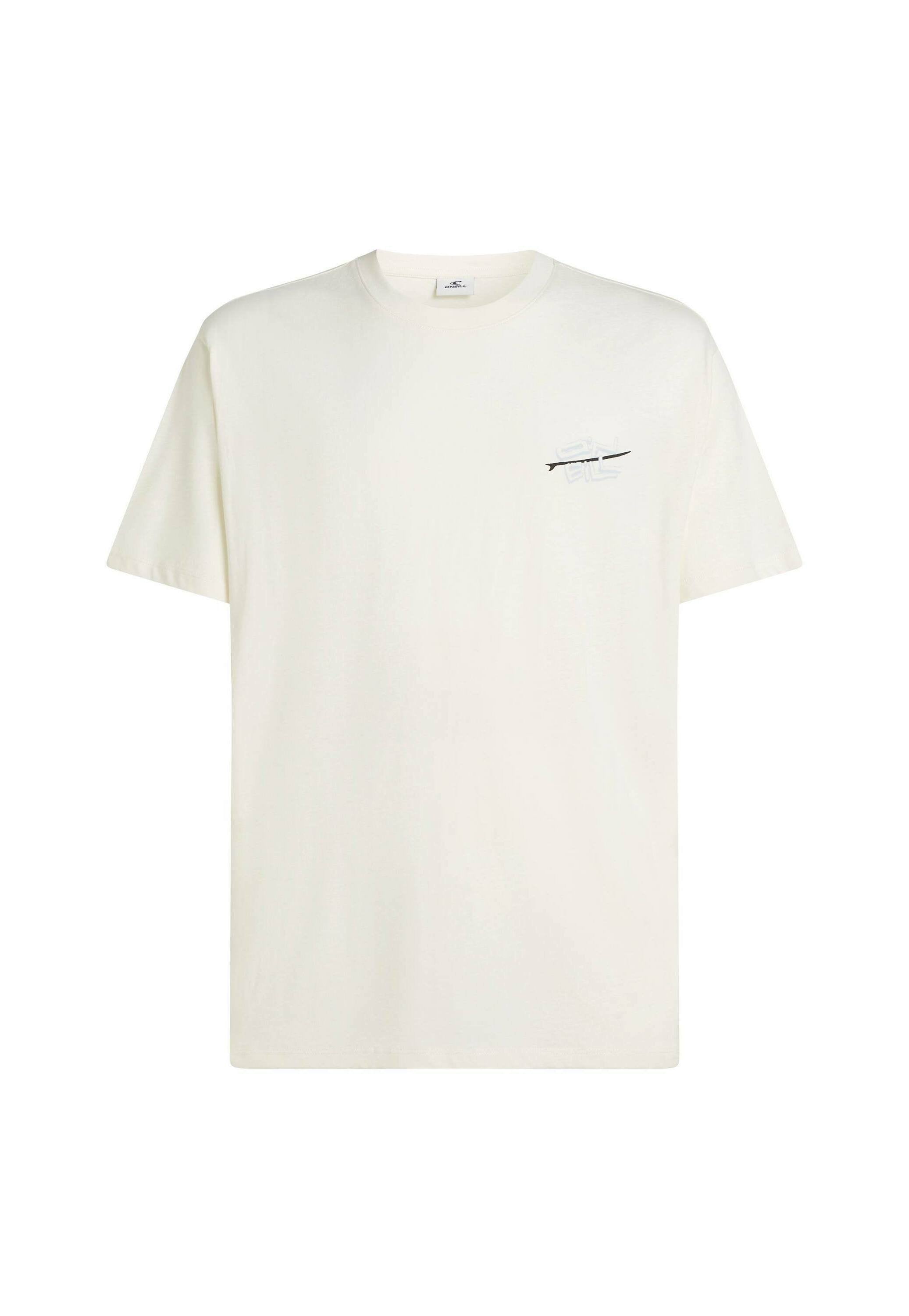 Kurzärmeliges Rundhals-T-Shirt aus offweißem Baumwollstoff. Verfügt über ein kleines grafisches Design auf der linken Brust in Schwarz und Hellblau.