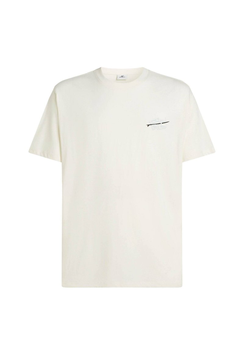 Kurzärmeliges Rundhals-T-Shirt aus offweißem Baumwollstoff. Verfügt über ein kleines grafisches Design auf der linken Brust in Schwarz und Hellblau.
