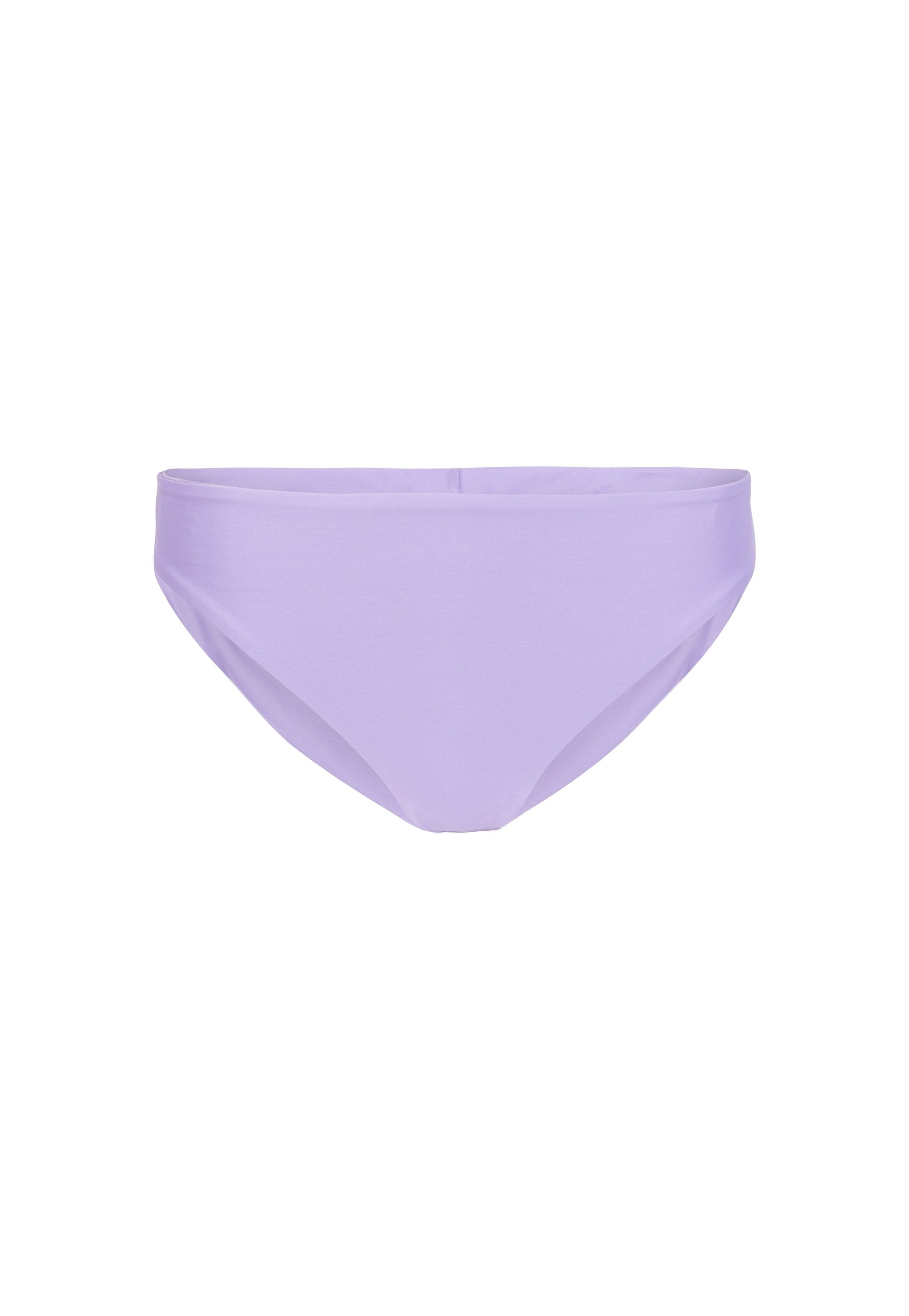 Lila Bikini-Höschen mit glatter Textur, niedrigem Schnitt und mittlerer Abdeckung, ausgestattet mit einem minimalistischen Schnitt und elastischem Bündchen.