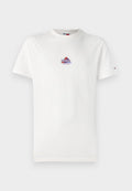 Weißes Baumwoll-T-Shirt mit einem kleinen, mehrfarbigen, dreieckigen Logo, auf dem "tommy" und "JEANS" steht. Klassischer Rundhalsausschnitt und kurze Ärmel.