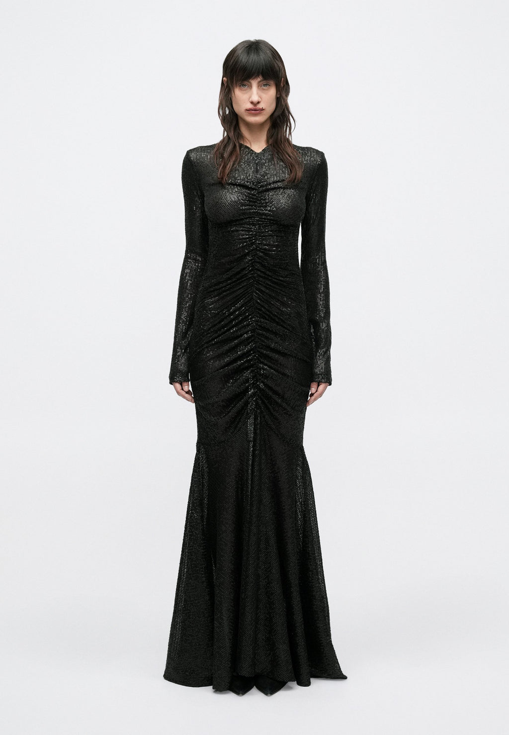 Norma Kamali LONG SLEEVE V NECK SHIRRED FRONT FISHTAIL GOWN