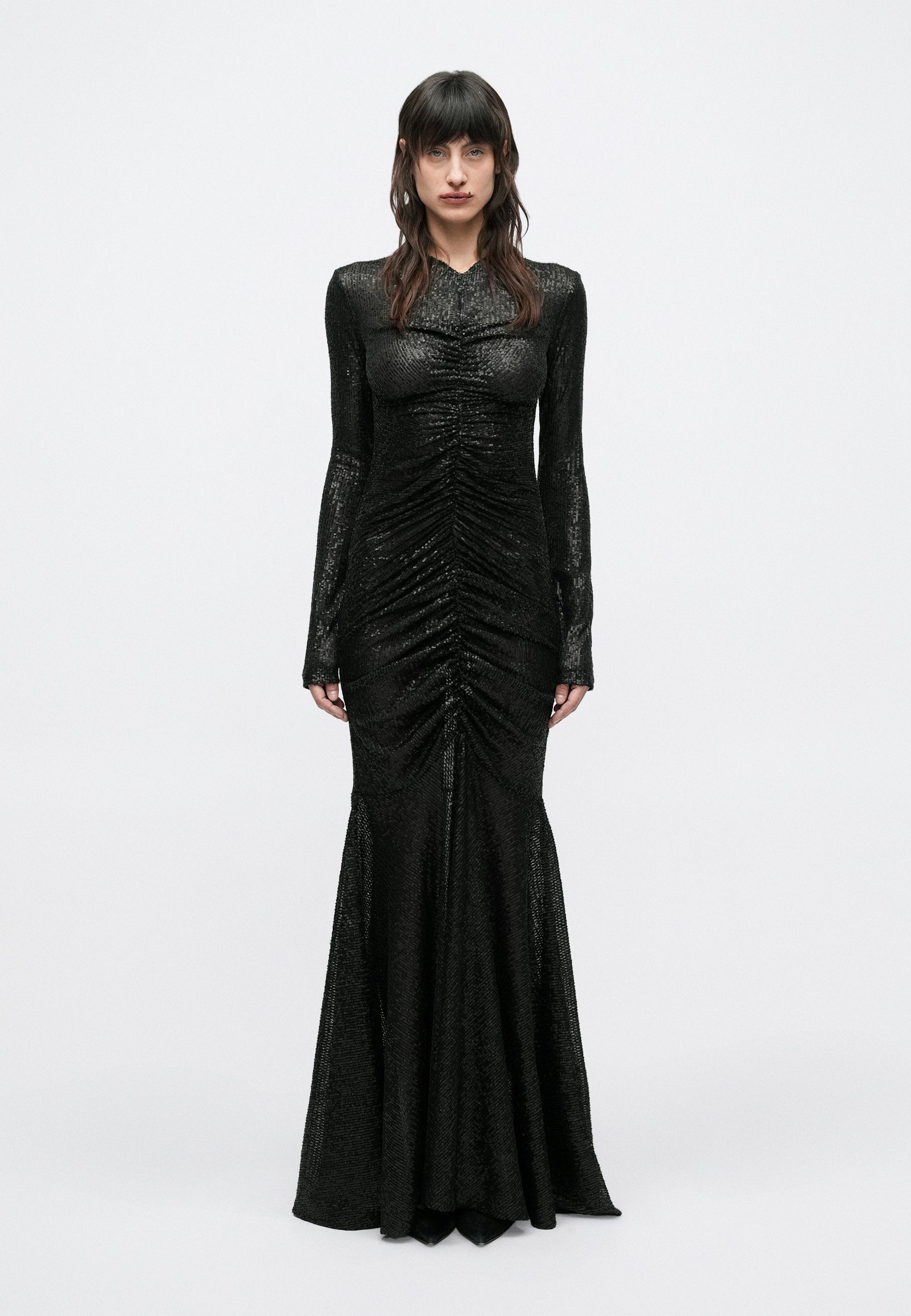 Norma Kamali LONG SLEEVE V NECK SHIRRED FRONT FISHTAIL GOWN