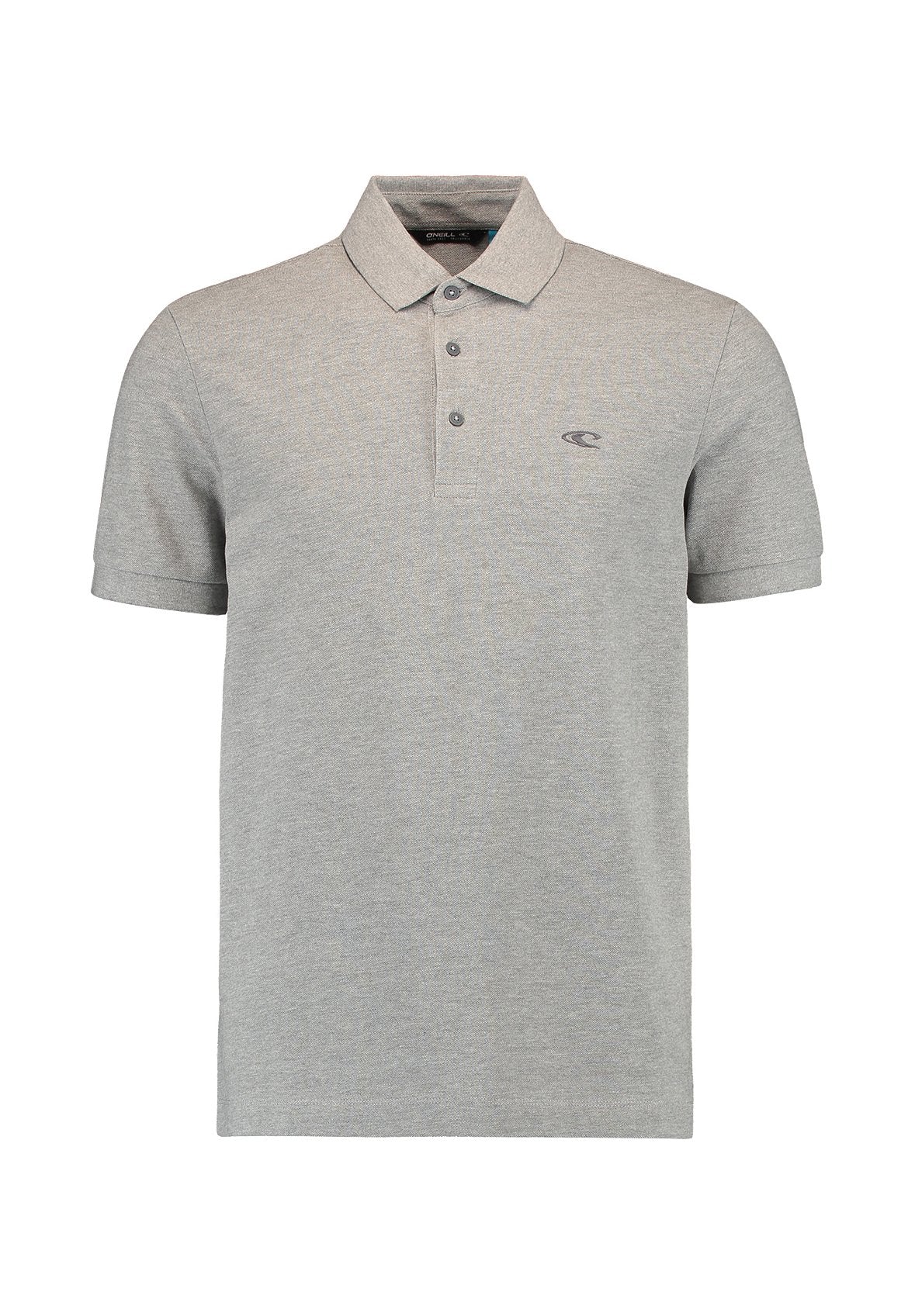 Graues Polo-Shirt aus weichem Stoff, mit Kragen, drei Knöpfen und einem kleinen Logo auf der linken Brust. Kurze Ärmel und klassische Passform.