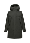 Grüne, gefütterte Kapuzenjacke mit geradem Schnitt, Reißverschluss vorne und seitlichen Taschen. Mit einem Logo auf der Brust und einer glatten, matten Textur.