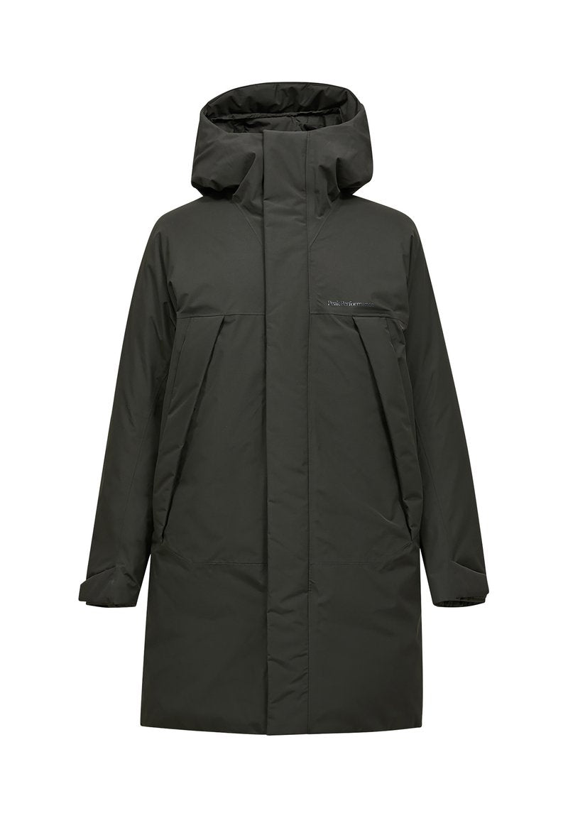 Grüne, gefütterte Kapuzenjacke mit geradem Schnitt, Reißverschluss vorne und seitlichen Taschen. Mit einem Logo auf der Brust und einer glatten, matten Textur.