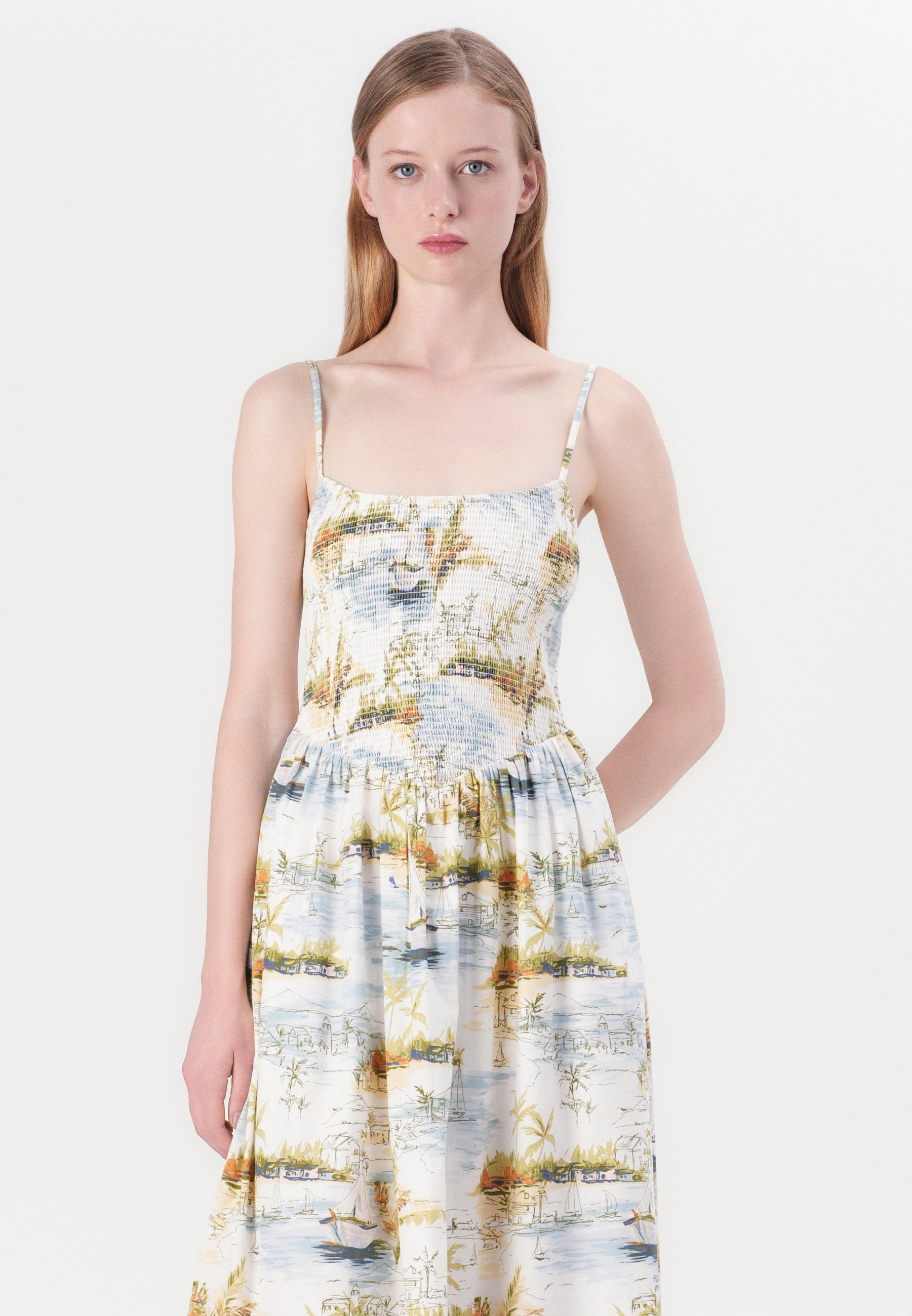 Abercrombie & Fitch SMOCKED DIP WAIST MIDI DRESS