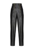 Schwarze Lederhosen mit hoher Taille, zwei goldenen Reißverschlüssen vorne, glatter Textur und lockerer Passform mit schmal zulaufenden Beinen.