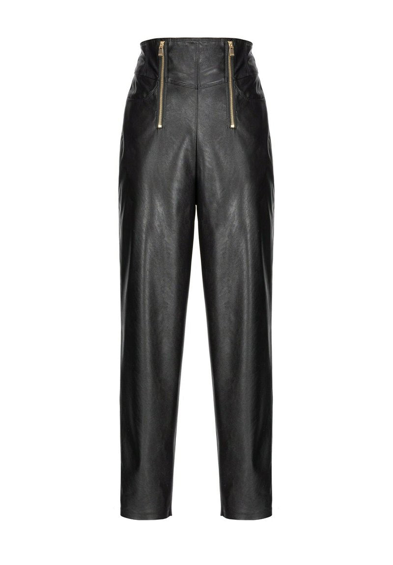 Schwarze Lederhosen mit hoher Taille, zwei goldenen Reißverschlüssen vorne, glatter Textur und lockerer Passform mit schmal zulaufenden Beinen.