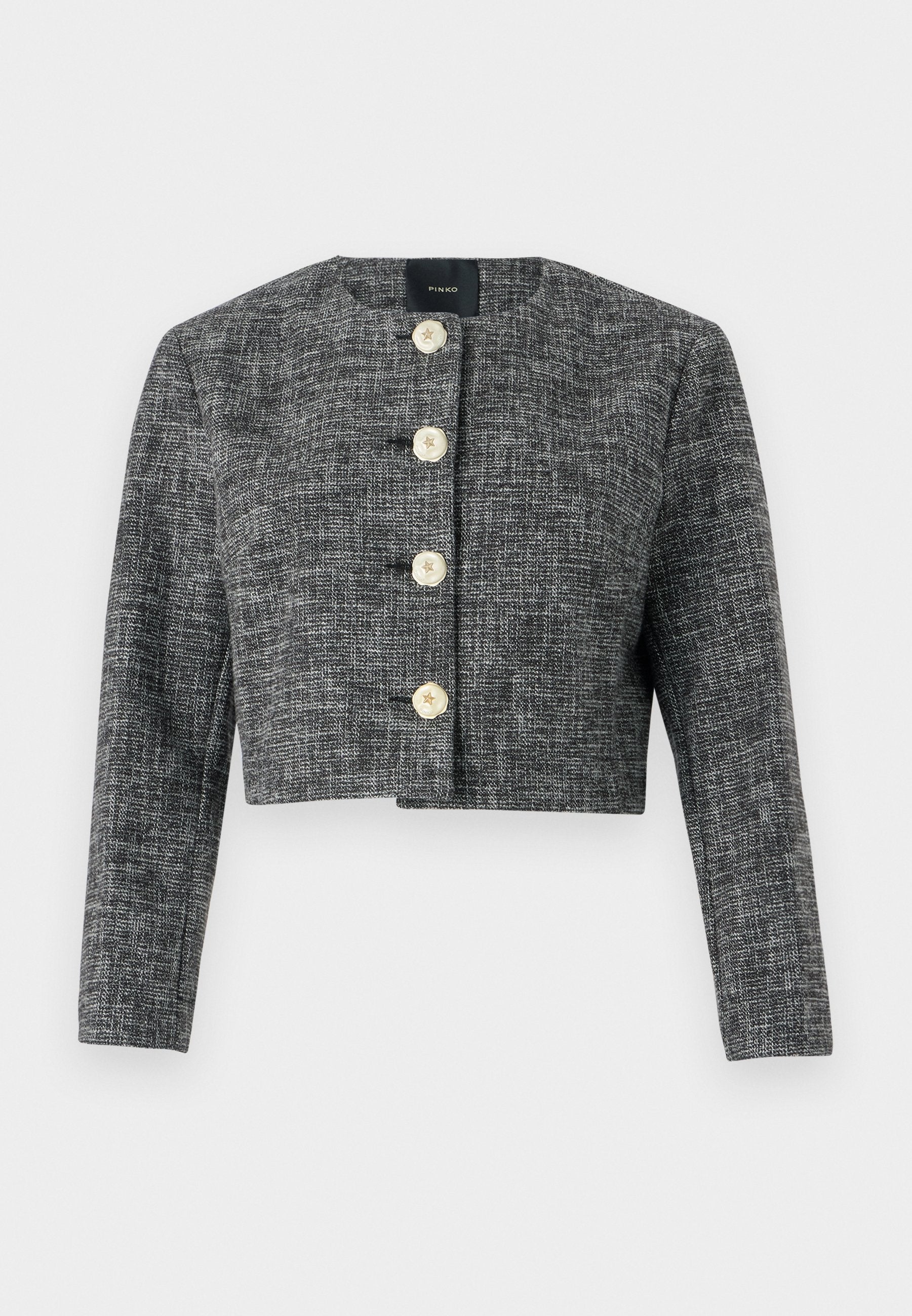 Gekürzte, grau strukturierte Jacke mit rundem Ausschnitt, die vier goldene, sternförmige Knöpfe und lange Ärmel hat.