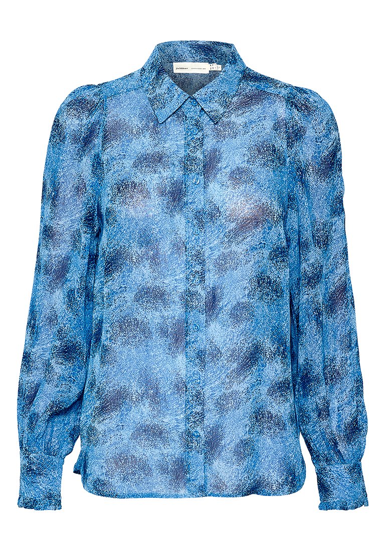 Blaues Hemd mit Knopfleiste und strukturiertem Muster, das einen Umlegekragen und geraffte lange Ärmel für zusätzliches Volumen aufweist.