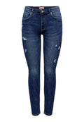 Dunkelblaue Skinny Jeans aus Denim mit distressed Details an den Oberschenkeln. Sie verfügen über einen Standardbund, Gürtelschlaufen und ein Fünf-Taschen-Design.