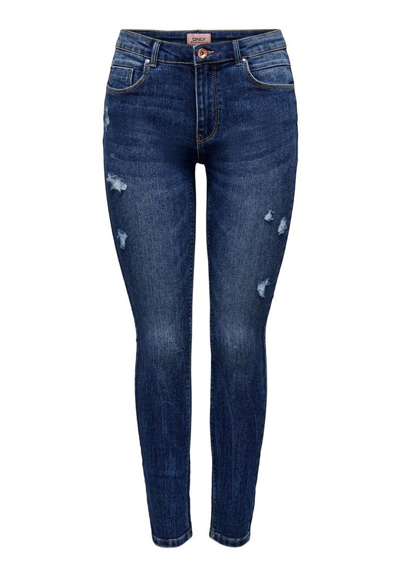 Dunkelblaue Skinny Jeans aus Denim mit distressed Details an den Oberschenkeln. Sie verfügen über einen Standardbund, Gürtelschlaufen und ein Fünf-Taschen-Design.