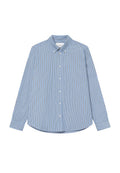 Blau gestreiftes Langarmhemd aus leichtem Stoff. Mit einem Button-Down-Kragen und einer Brusttasche. Weicher Stoff, normale Passform.