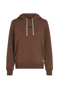 Brauner Kapuzenpullover aus weichem Stoff. Verfügt über eine Fronttasche, cremefarbene Kordeln und gestickte Markenkennung in passender Farbe.