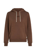 Brauner Kapuzenpullover aus weichem Stoff. Verfügt über eine Fronttasche, cremefarbene Kordeln und gestickte Markenkennung in passender Farbe.