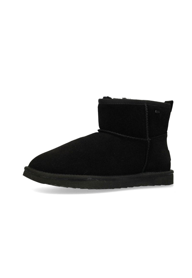 Schwarze Wildleder-Stiefeletten mit runder Zehenpartie, weicher Innenausstattung und flacher Gummisohle. Einfaches Design ohne sichtbare Metallteile.