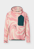 Fleece-Pullover in Pink und Creme mit Wirbelmuster, hohem Kragen und dunkelgrünem Reißverschluss-Brusttasche vor weißem Hintergrund.