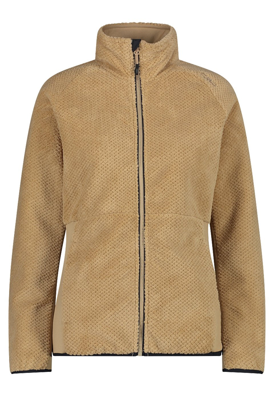 Beige Fleecejacke mit strukturiertem Oberflächenstoff, Reißverschluss vorne, hohem Kragen und kontrastierendem schwarzen Reißverschluss. Verfügt über Raglanärmel und eine lockere Passform.