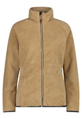 Beige Fleecejacke mit strukturiertem Oberflächenstoff, Reißverschluss vorne, hohem Kragen und kontrastierendem schwarzen Reißverschluss. Verfügt über Raglanärmel und eine lockere Passform.