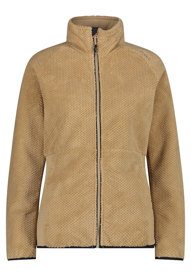 Beige Fleecejacke mit strukturiertem Oberflächenstoff, Reißverschluss vorne, hohem Kragen und kontrastierendem schwarzen Reißverschluss. Verfügt über Raglanärmel und eine lockere Passform.
