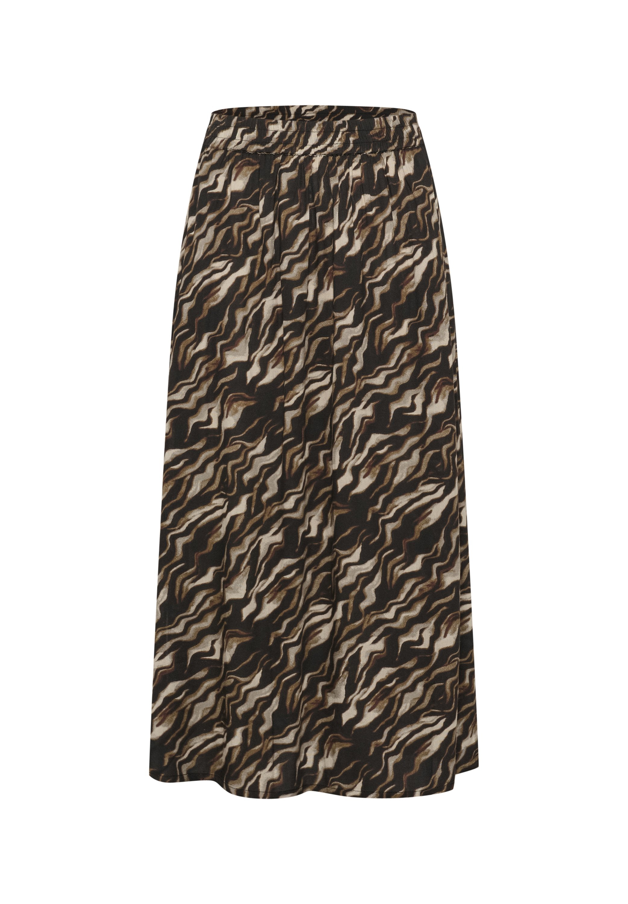 Maxi-Rock in einem gewellten braunen, cremefarbenen und schwarzen Muster. Mit einem elastischen Taillenbund und einem weichen, strukturierten Stoff.