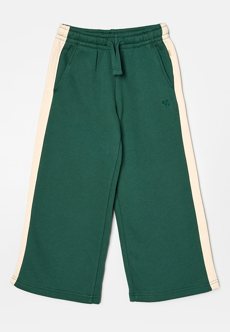 Grüne Sweatpants mit beigen Seitenstreifen, aus weichem Stoff gefertigt. Verfügt über einen elastischen Bund, Taschen und ein dezentes Logo-Detail.