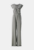 Grau gestreifter Jumpsuit mit kurzen Ärmelchen, einem gebundenen Vorderteil und einem elastischen Bund. Verfügt über weite Hosenbeine und einen lässigen Schnitt.