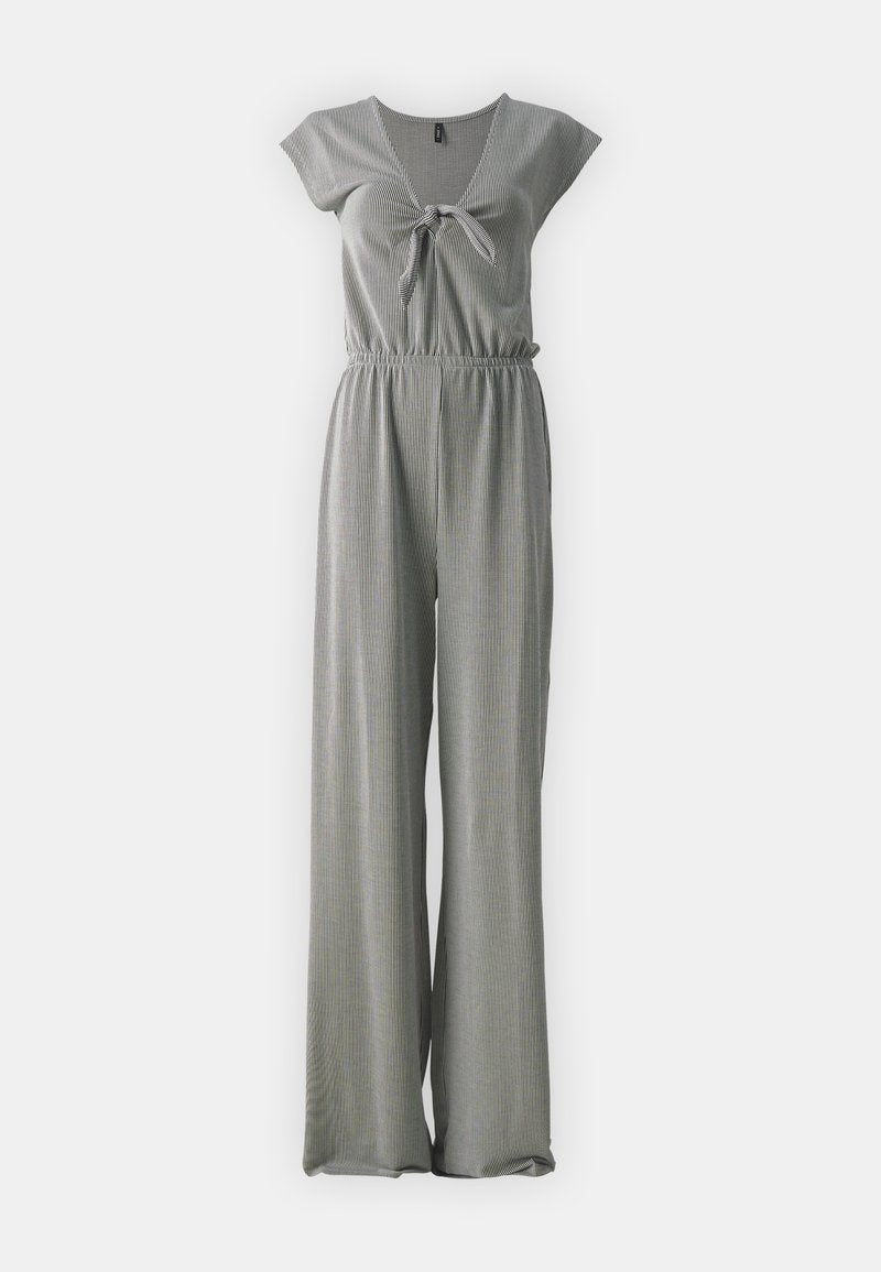 Grau gestreifter Jumpsuit mit kurzen Ärmelchen, einem gebundenen Vorderteil und einem elastischen Bund. Verfügt über weite Hosenbeine und einen lässigen Schnitt.