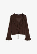 Bershka RUFFLED RUSTIC LONG-SLEEVE - Blouse - dark brown