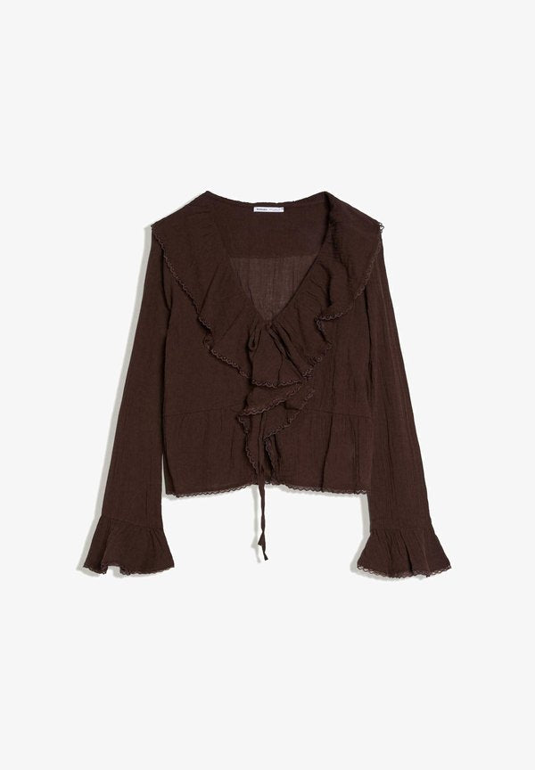 Bershka RUFFLED RUSTIC LONG-SLEEVE - Blouse - dark brown