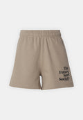 Beige Shorts mit elastischem Bund und schwarzem Schriftzug "The Future Surf Society" auf dem unteren rechten Bein, lässiges Design aus weichem Stoff.