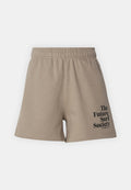 Beige Shorts mit elastischem Bund und schwarzem Schriftzug "The Future Surf Society" auf dem unteren rechten Bein, lässiges Design aus weichem Stoff.