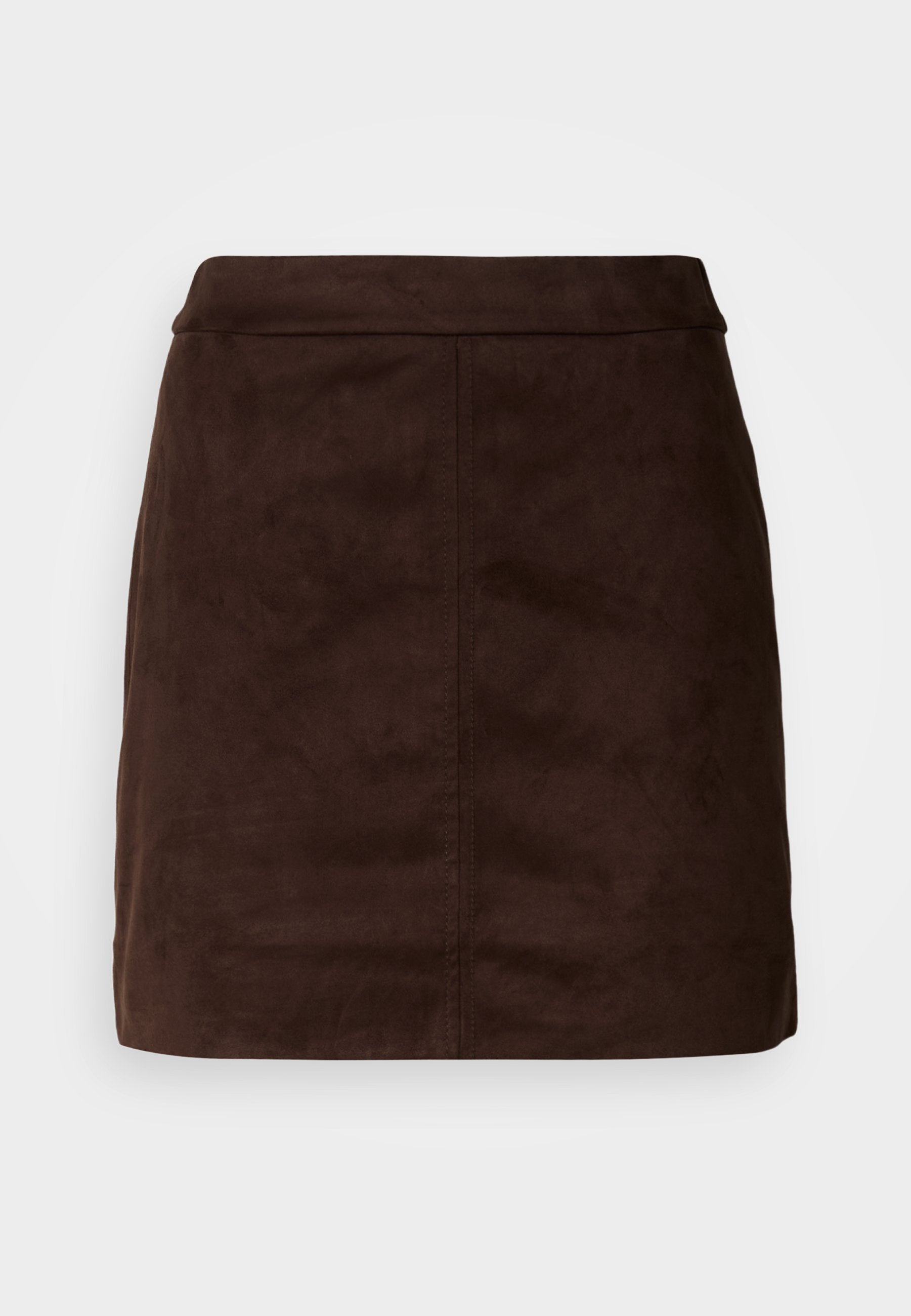 Brauner Wildleder-Minirock mit glatter Oberfläche, tailliertem Schnitt und vertikalen Nahtdetails. Minimalistisches Design ohne zusätzliche Verzierungen.