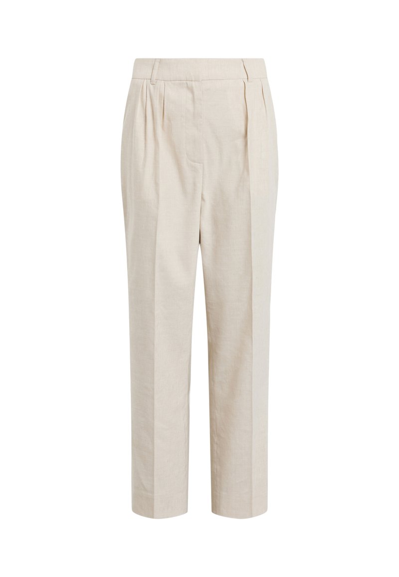 Beige Leinenhose mit gefaltetem Frontteil, geraden Beinen und Seitentaschen. Der Stoff hat eine weiche, strukturierte Oberfläche. Verstellbarer Bund.
