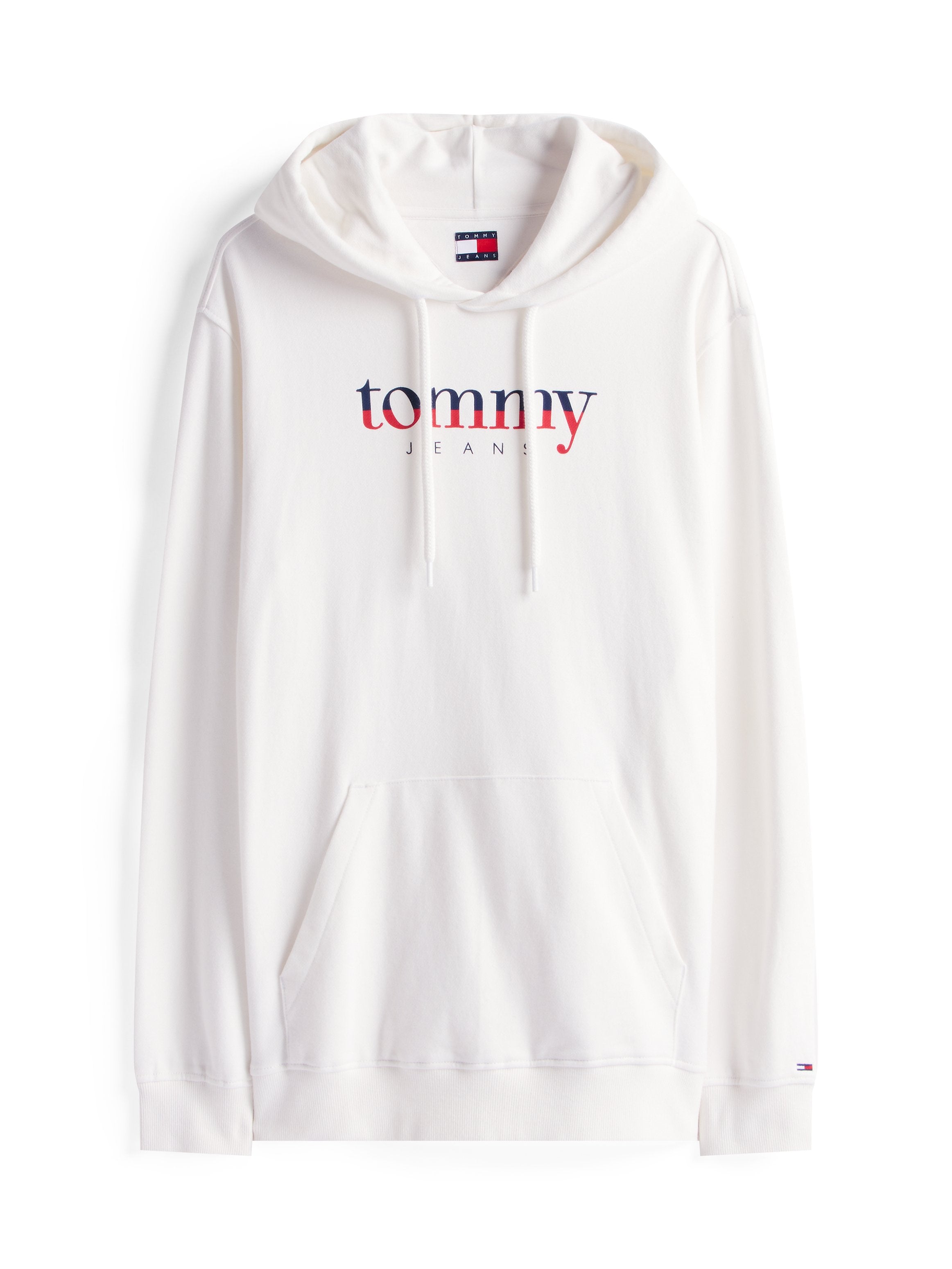 Weißer Hoodie aus Baumwolle mit einer Fronttasche. Aufdruck "tommy" in Marineblau und "JEANS" in Rot, mit Kapuze und Kordelzug.