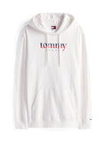 Weißer Hoodie aus Baumwolle mit einer Fronttasche. Aufdruck "tommy" in Marineblau und "JEANS" in Rot, mit Kapuze und Kordelzug.