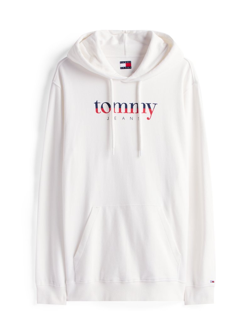Weißer Hoodie aus Baumwolle mit einer Fronttasche. Aufdruck "tommy" in Marineblau und "JEANS" in Rot, mit Kapuze und Kordelzug.