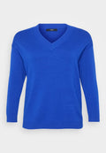Blauer V-Ausschnitt-Pullover mit langen Ärmeln, gerippten Bündchen und Saum; aus einem weichen, strukturierten Material gefertigt. Einfaches Design ohne Muster oder Akzente.