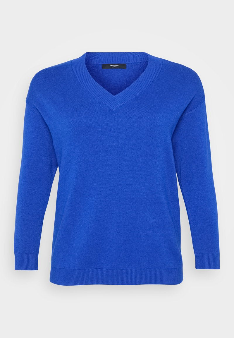 Blauer V-Ausschnitt-Pullover mit langen Ärmeln, gerippten Bündchen und Saum; aus einem weichen, strukturierten Material gefertigt. Einfaches Design ohne Muster oder Akzente.