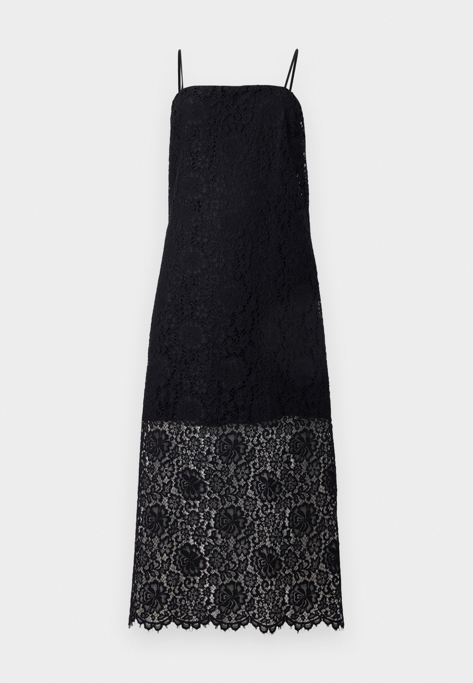 Schwarzes Spitzenkleid mit Spaghetti-Trägern, das mit filigranen Blumenmustern verziert ist. Der Saum ist gewellt und fügt dem Stoffdesign Detail hinzu.