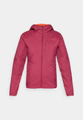 Bordeaux-roter, leichter Jacke mit Kapuze, aus glattem Stoff gefertigt, mit einem Frontreißverschluss und orangen Akzenten am Kragen.