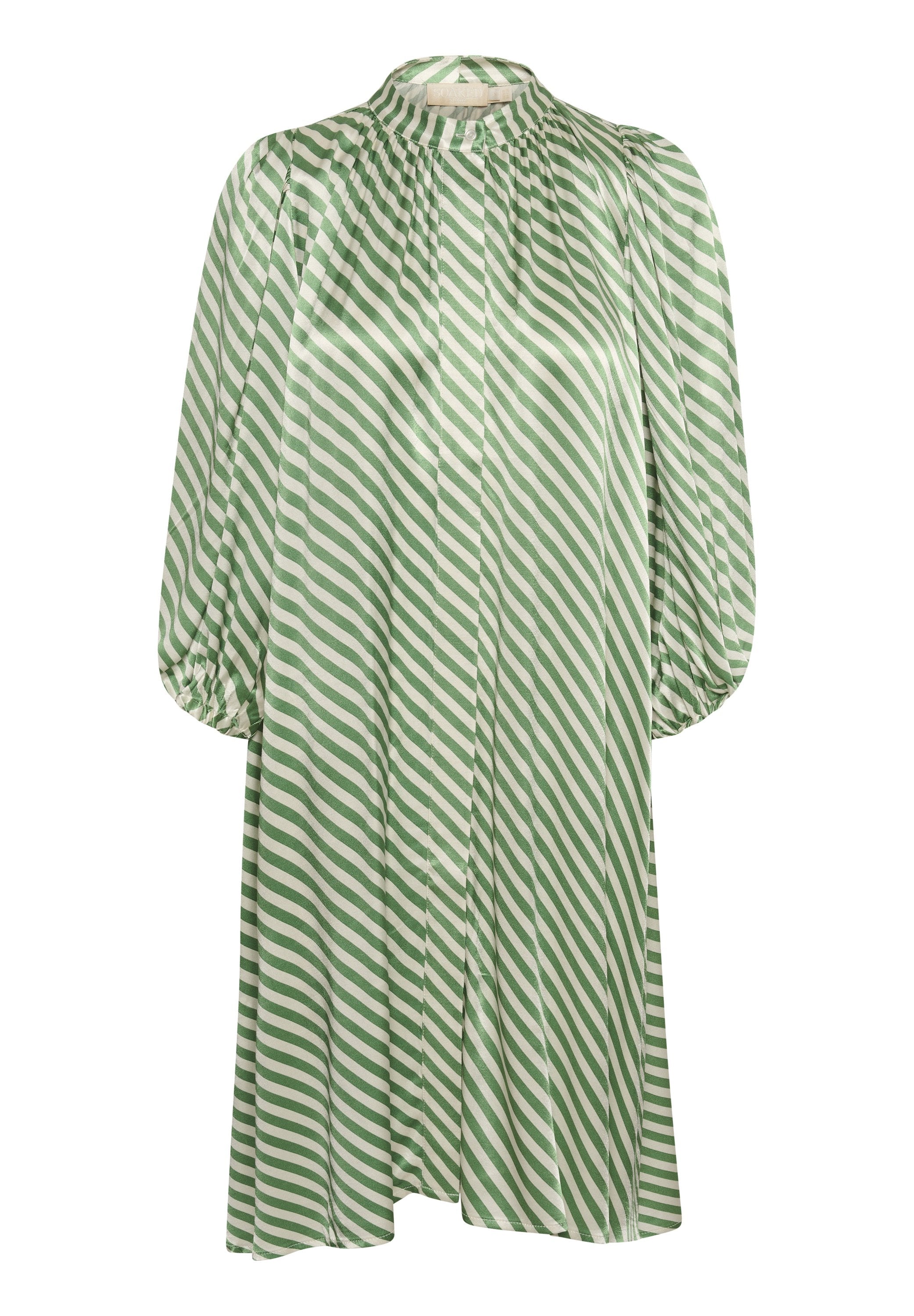 Grün-weißer, schräg gestreifter Midikleid mit hohem Ausschnitt, langen Puffärmeln und Knopfverschluss am Kragen.