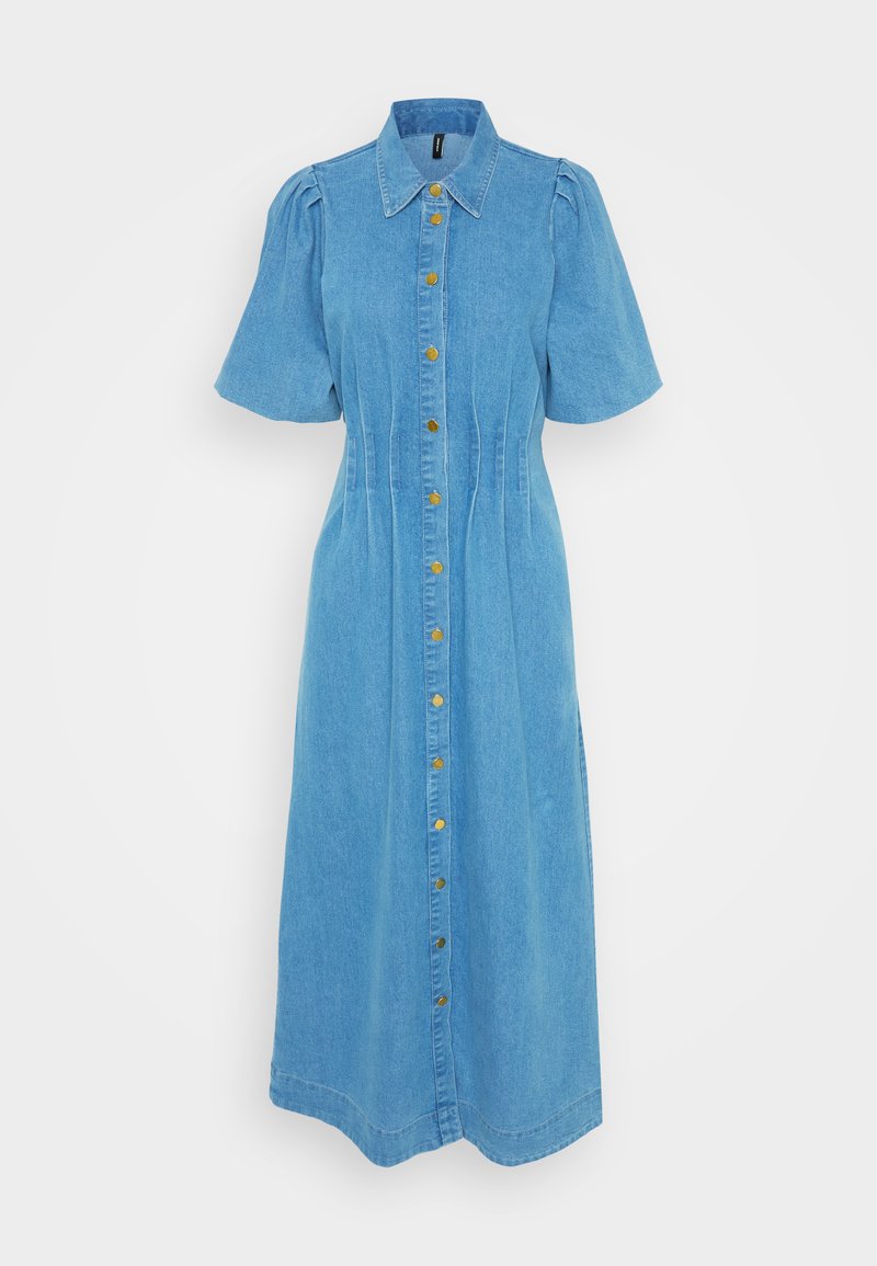 Helles blaues Jeanskleid mit kurzen Puffärmeln, Knopfverschluss mit goldenen Knöpfen und einem mittellangen Design mit dezenten Seitennähten.