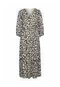 Leopardenmusterkleid in Schwarz und Beige, mit V-Ausschnitt, 3/4-Ärmeln, taillierter Taille und fließendem, leichtem Stoff.