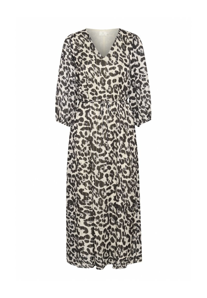 Leopardenmusterkleid in Schwarz und Beige, mit V-Ausschnitt, 3/4-Ärmeln, taillierter Taille und fließendem, leichtem Stoff.