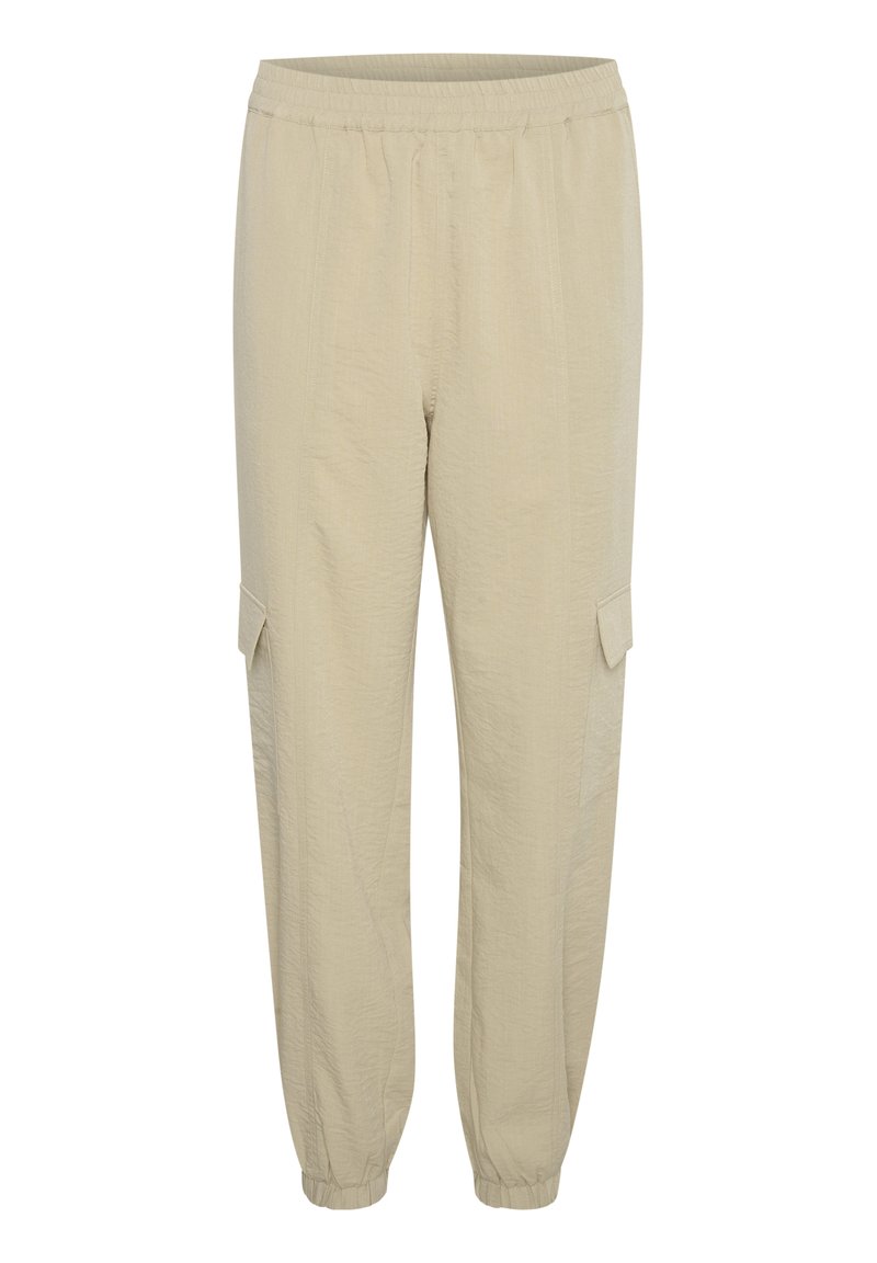 Hellbeige Cargo-Hosen aus strukturiertem Stoff, mit elastischem Bund, Seitentaschen und schmal zulaufenden Bündchen.